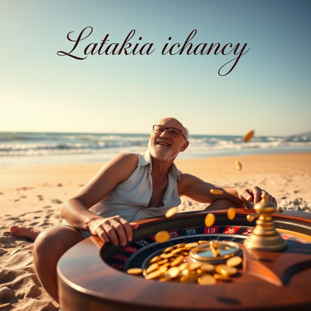 An elderly man sitting on a beach playing roulette, with gold coins scattering around him