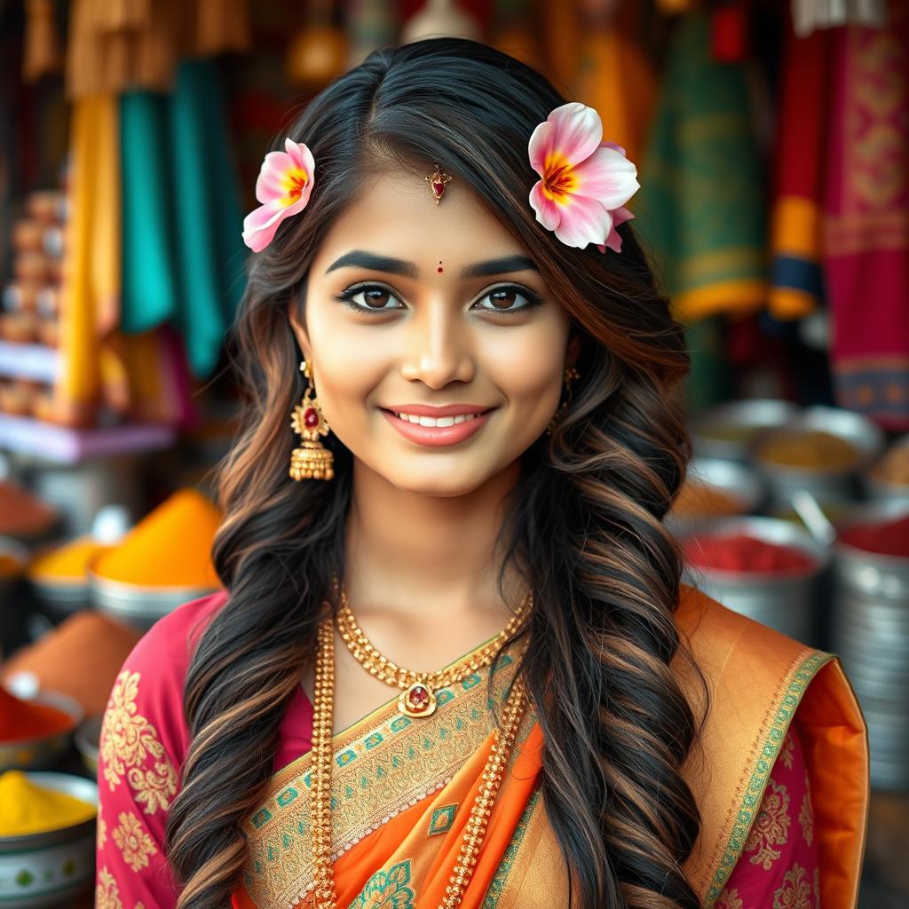 A striking portrait of a young Indian woman with a fair complexion, styled in a traditional Indian outfit