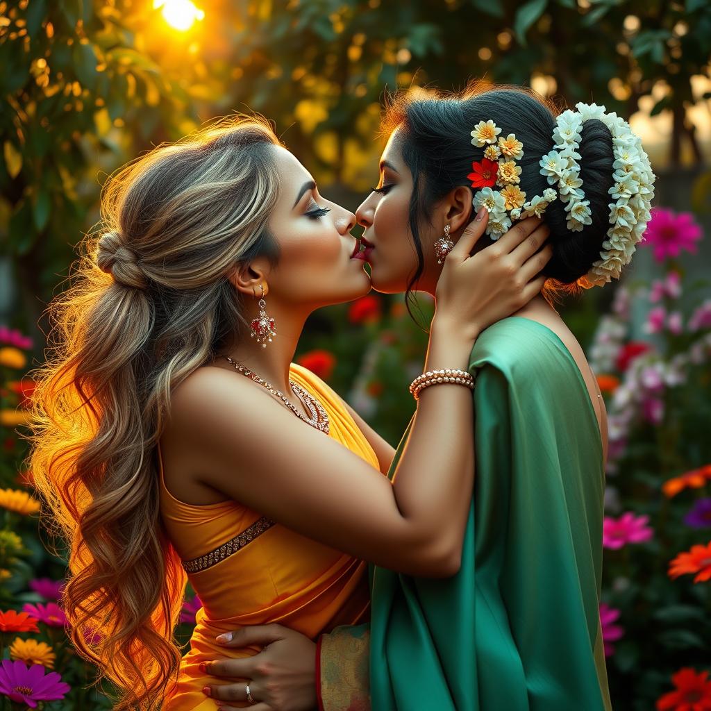 A vibrant and intimate scene of two beautiful Indian women sharing a passionate kiss