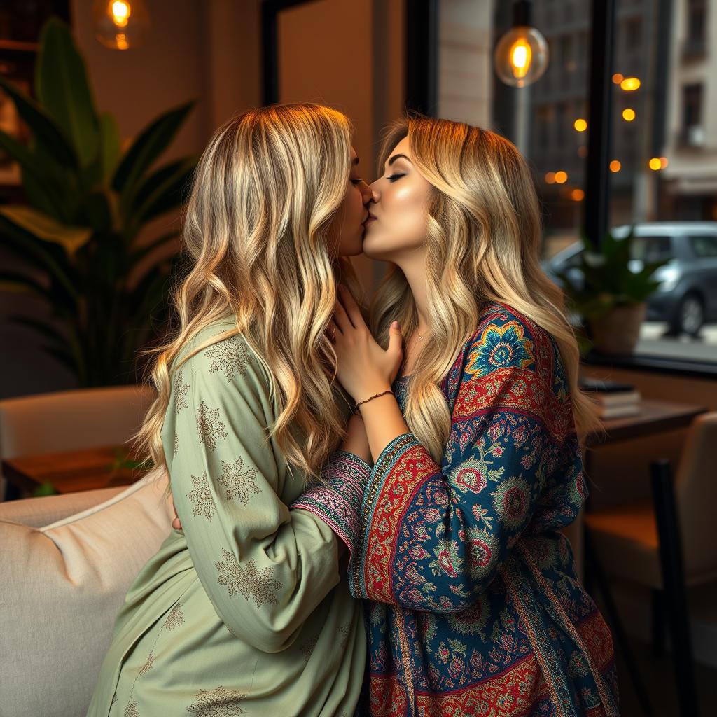 A passionate moment between two Indian women sharing a romantic kiss, both with beautiful blonde hair