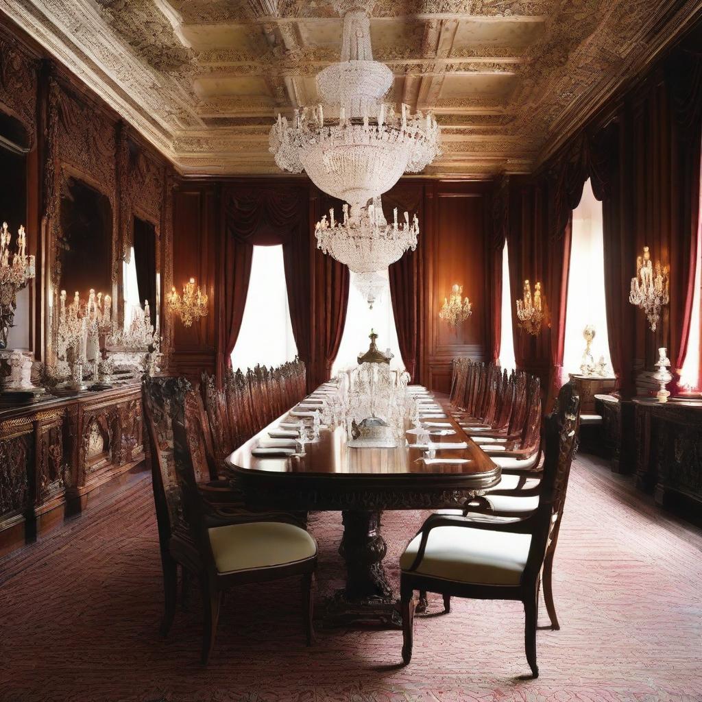 A grand dining hall with a long mahogany table adorned with crystal glassware and sterling silver cutlery, under a glistening chandelier, surrounded by ornately carved chairs