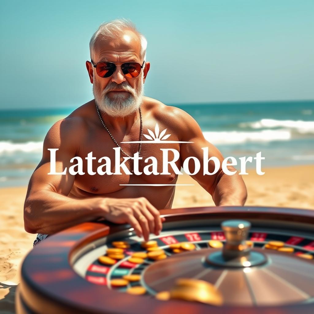An elderly muscular man at the beach playing roulette with scattered gold coins around him
