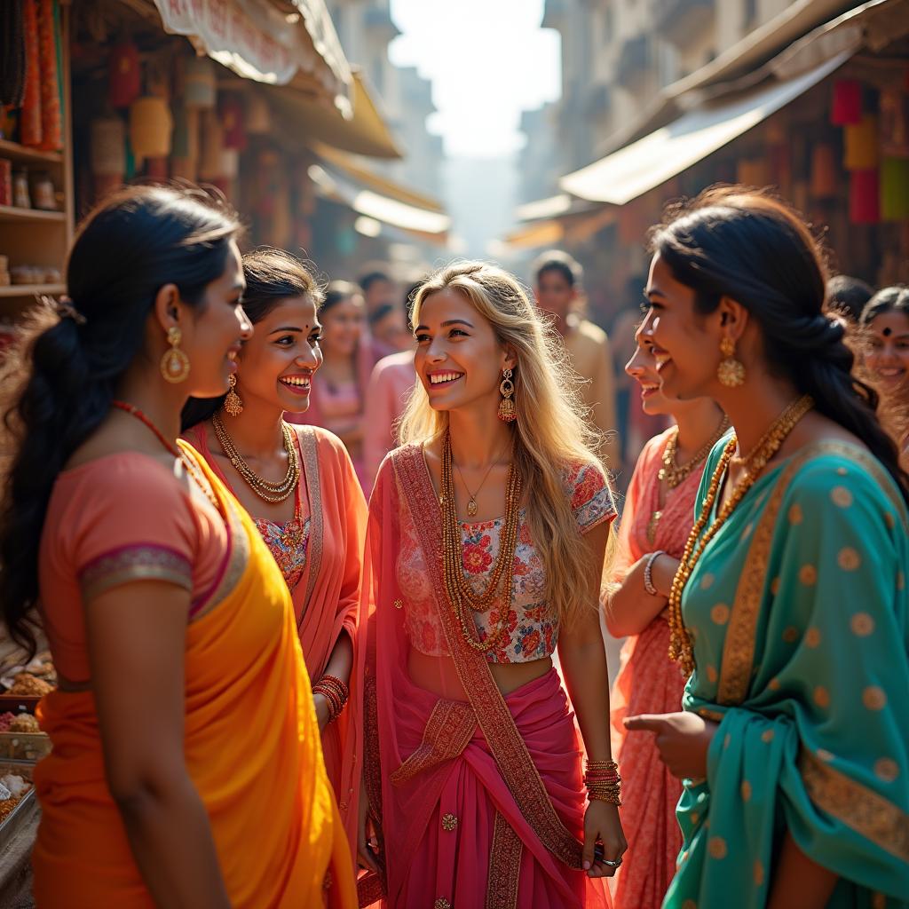 A vibrant street scene in India featuring a group of Indian women wearing colorful traditional sarees and jewelry, joyfully interacting with a blonde girl who is dressed in a stylish outfit