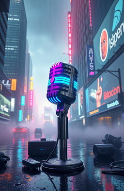 A vibrant cyberpunk scene featuring a retro radio microphone at the forefront