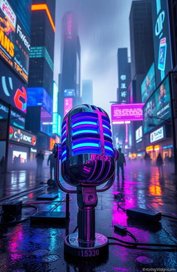 A vibrant cyberpunk scene featuring a retro radio microphone at the forefront