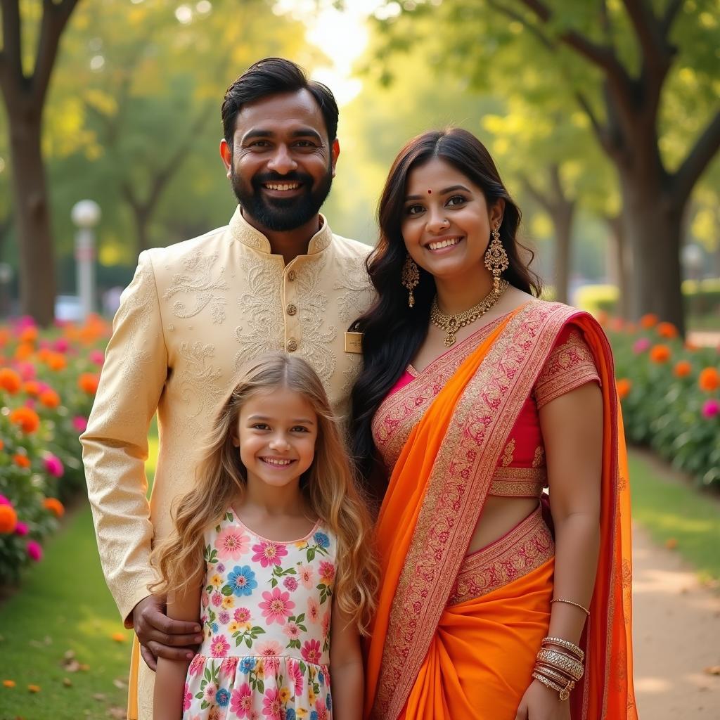 An Indian couple standing together in a vibrant park, showcasing a joyful bond