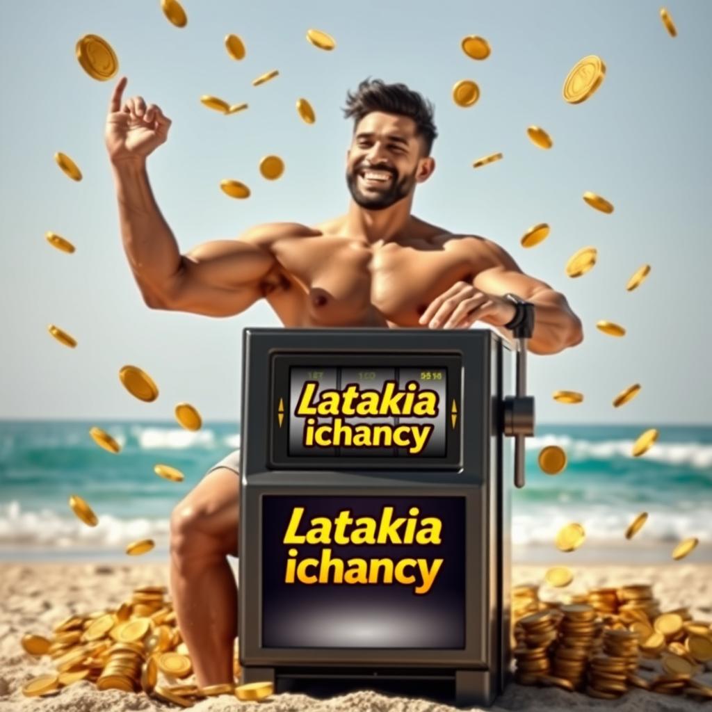 A muscular man playing a slot machine on the beach, surrounded by scattered gold coins falling from the machine