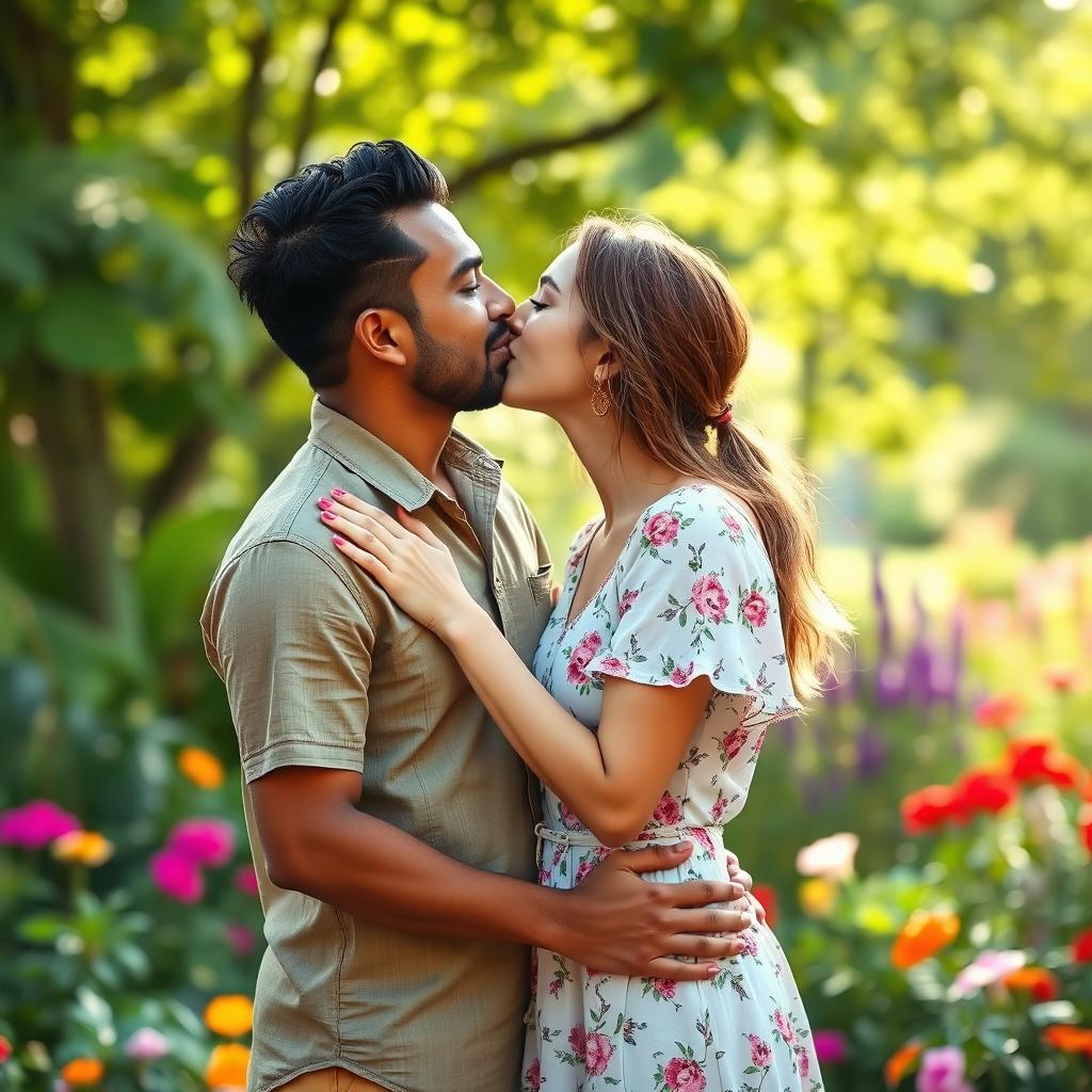 A romantic scene featuring an Indian man and a Caucasian woman sharing a passionate kiss in a beautiful outdoor setting