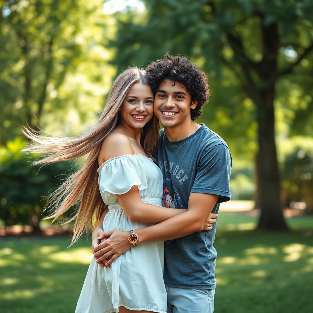 A stunning and evocative portrait of an interracial couple featuring a white teenager, embracing and sharing a moment of joy in a park, surrounded by lush greenery
