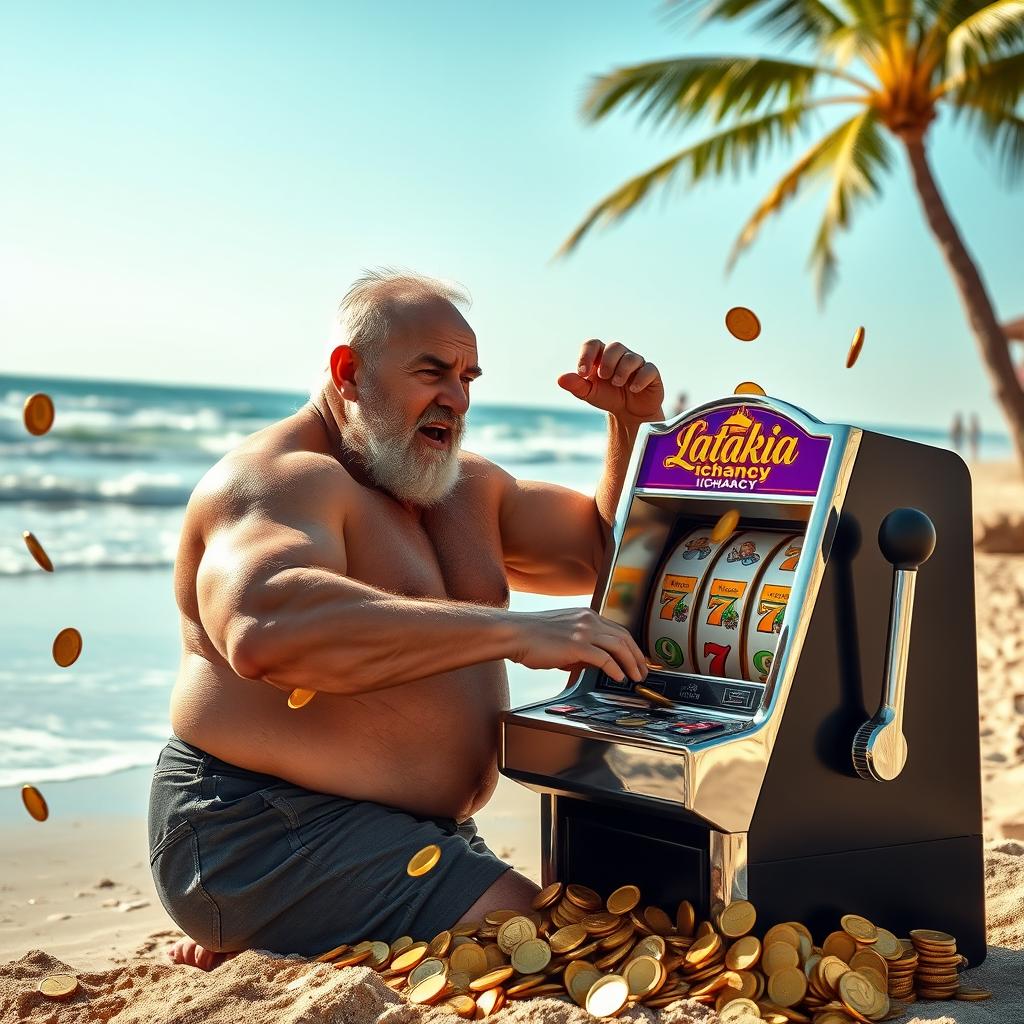 A muscular elderly man playing a slot machine on a beach, surrounded by golden coins spilling out from the machine