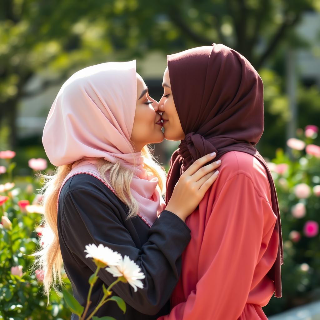 A romantic scene featuring two beautiful blonde women kissing, both wearing stylish hijabs