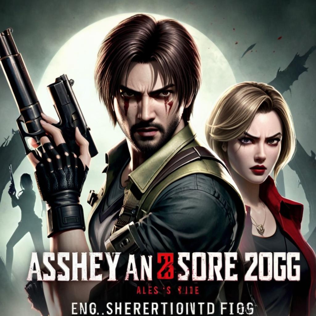 A dark and mysterious environment, with dark tones and dense fog. In the center, Leon and Ashley, drawn in a lively style. Leon is in a combat stance, holding a gun with a determined expression. Ashley is next to him, slightly frightened, but with a confident posture, indicating that she is ready to face challenges. In the background, menacing shadows and indistinct figures intensify the dark and suspenseful atmosphere.