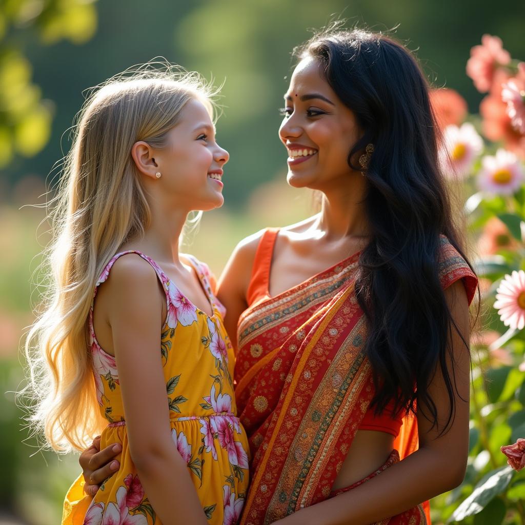 A dynamic and warm portrait of a young white girl and an Indian woman, both smiling at each other, showcasing their cultural friendship