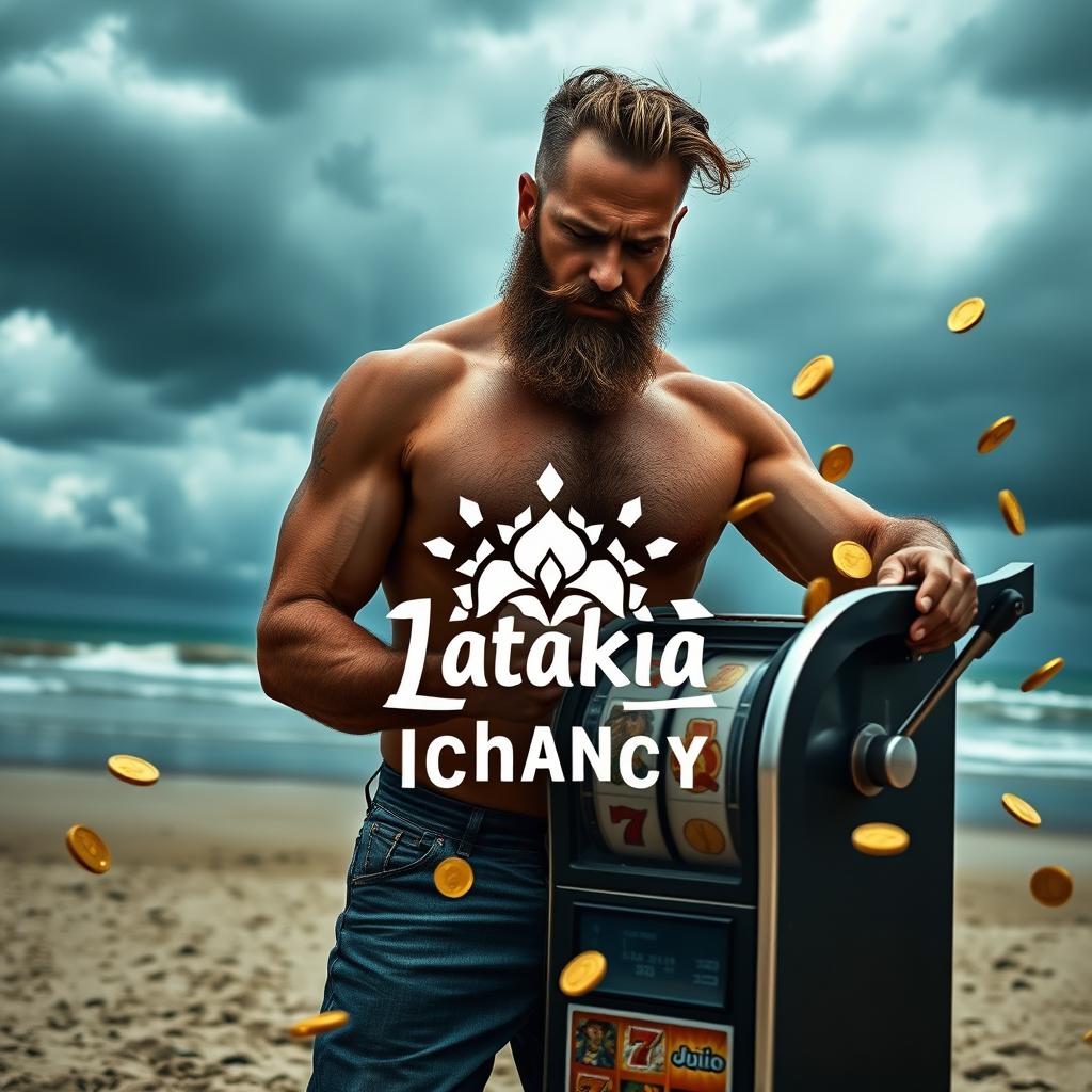 A muscular middle-aged man with a beard, standing on a beach with a stormy and thunderous sky in the background