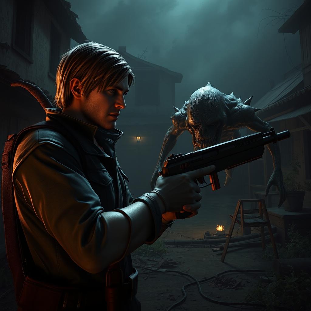 A dramatic scene from the video game Resident Evil 4, featuring the main character Leon S