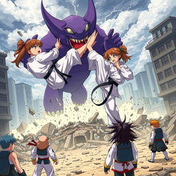An anime-style scene depicting a fierce karate girl performing a high kick against a large, intimidating purple monster in the midst of a destroyed city