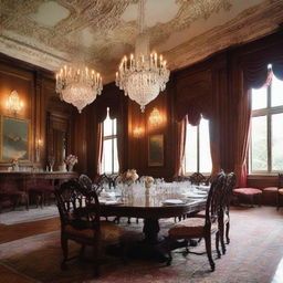 A grand dining hall with a long mahogany table adorned with crystal glassware and sterling silver cutlery, under a glistening chandelier, surrounded by ornately carved chairs