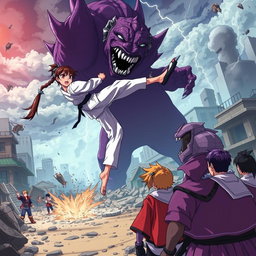 An anime-style scene depicting a fierce karate girl performing a high kick against a large, intimidating purple monster in the midst of a destroyed city