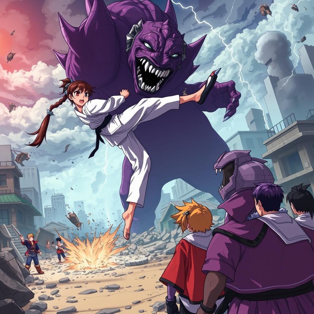 An anime-style scene depicting a fierce karate girl performing a high kick against a large, intimidating purple monster in the midst of a destroyed city