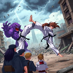 An anime-style scene depicting a fierce karate girl performing a high kick against a large, intimidating purple monster in the midst of a destroyed city
