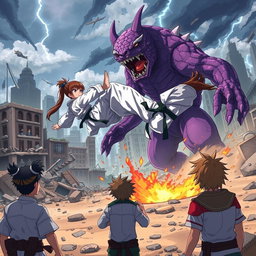 An anime-style scene depicting a fierce karate girl performing a high kick against a large, intimidating purple monster in the midst of a destroyed city