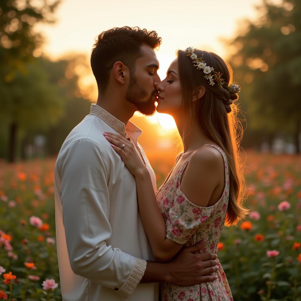 A tender and romantic scene capturing a Muslim man and a white woman sharing a kiss