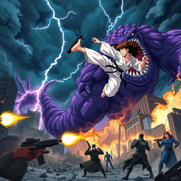 An intense anime-style scene depicting a karate girl soaring through the air as she delivers a powerful flying kick to a massive, menacing purple monster