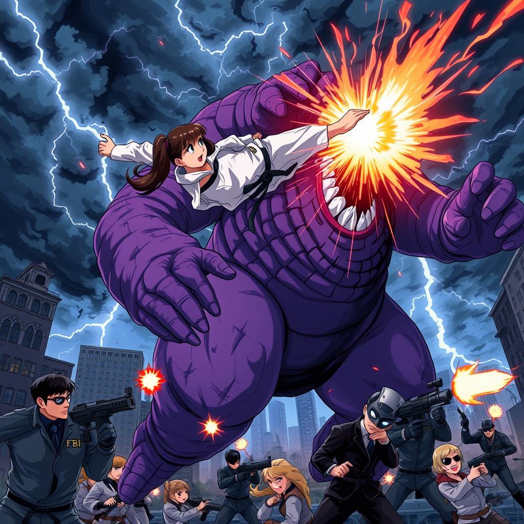 An intense anime-style scene depicting a karate girl soaring through the air as she delivers a powerful flying kick to a massive, menacing purple monster