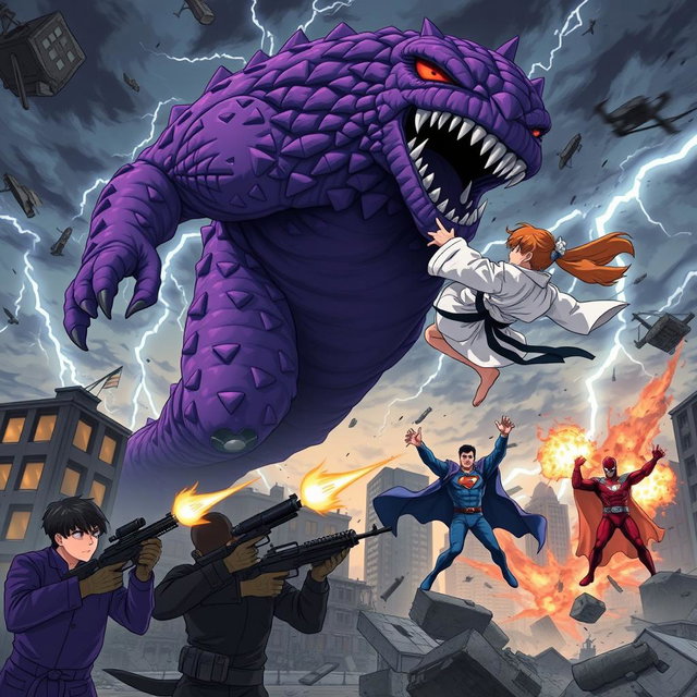An intense anime-style scene depicting a karate girl soaring through the air as she delivers a powerful flying kick to a massive, menacing purple monster