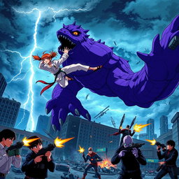 An intense anime-style scene depicting a karate girl soaring through the air as she delivers a powerful flying kick to a massive, menacing purple monster