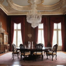 A grand dining hall with a long mahogany table adorned with crystal glassware and sterling silver cutlery, under a glistening chandelier, surrounded by ornately carved chairs