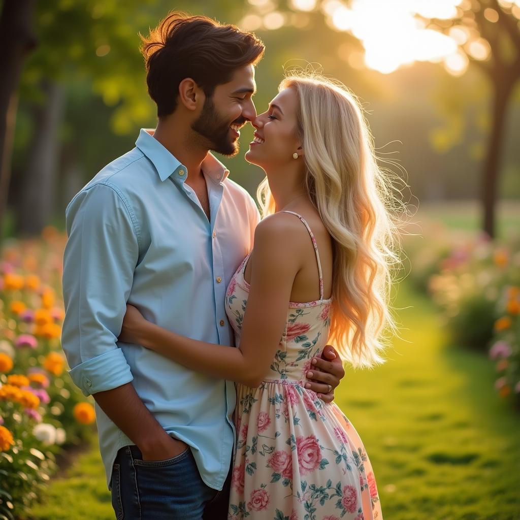 A romantic scene of an Indian man kissing a beautiful blonde woman in a picturesque setting
