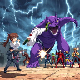 An exhilarating anime scene featuring a teenage karate girl performing an impressive flying kick aimed at a large, menacing purple monster