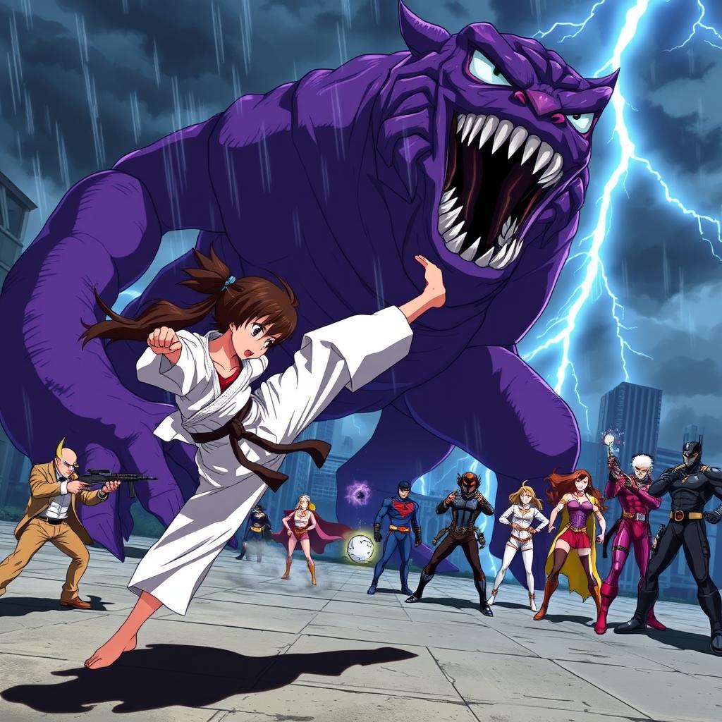 An exhilarating anime scene featuring a teenage karate girl performing an impressive flying kick aimed at a large, menacing purple monster