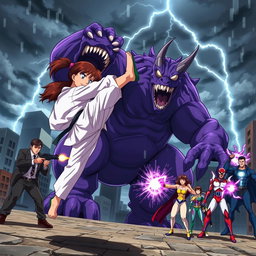 An exhilarating anime scene featuring a teenage karate girl performing an impressive flying kick aimed at a large, menacing purple monster