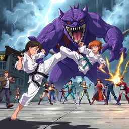 An exhilarating anime scene featuring a teenage karate girl performing an impressive flying kick aimed at a large, menacing purple monster