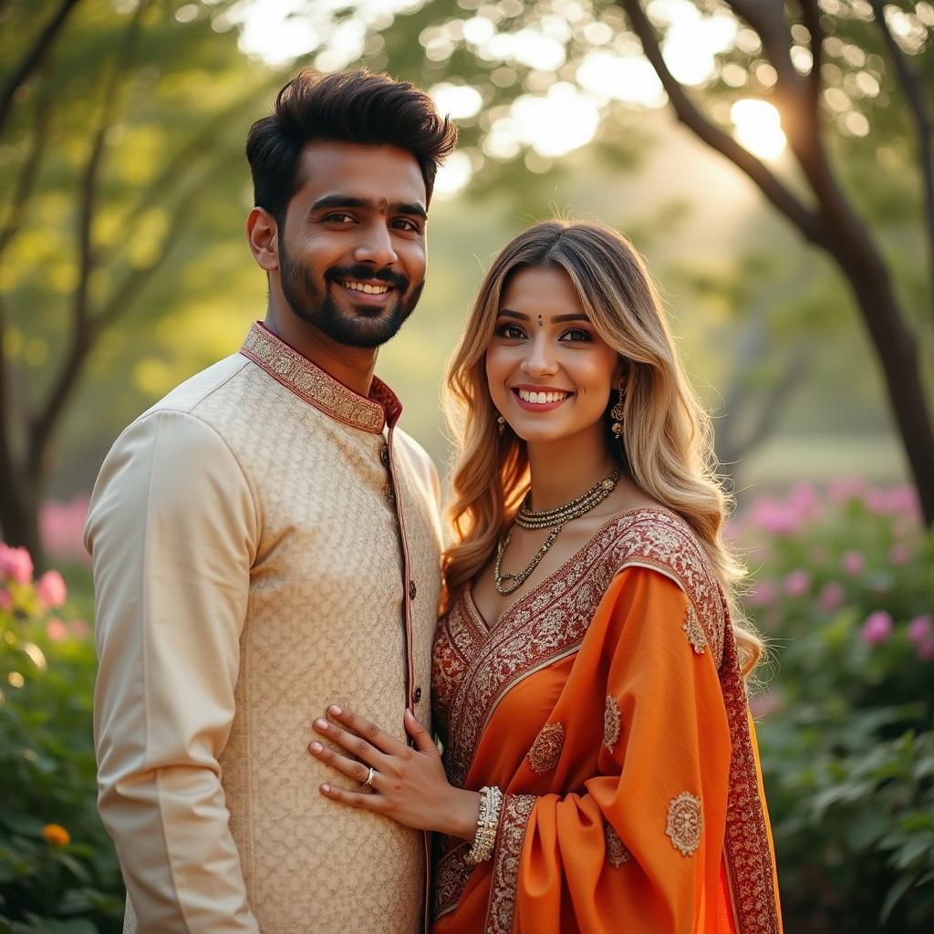 An Indian man and an Indian woman with striking features stand together, the woman having beautiful blonde hair that cascades down her shoulders
