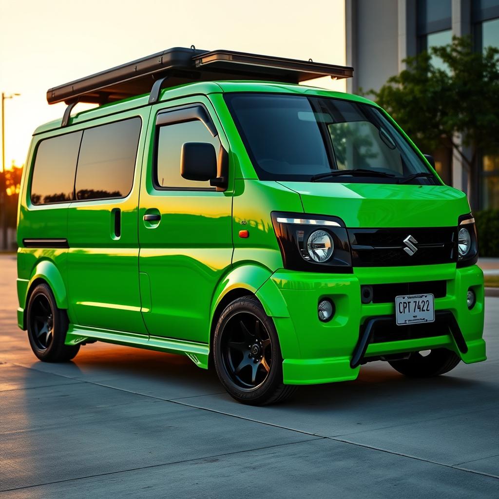 A modified Suzuki APV van, vividly painted in a bright cana green color, showcasing its sleek contours and stylish appearance