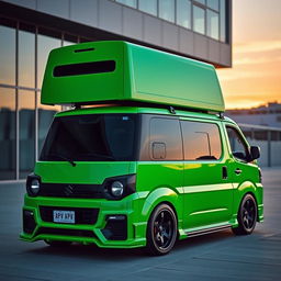 A modified Suzuki APV van, vividly painted in a bright cana green color, showcasing its sleek contours and stylish appearance