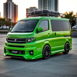 A modified Suzuki APV van, vividly painted in a bright cana green color, showcasing its sleek contours and stylish appearance