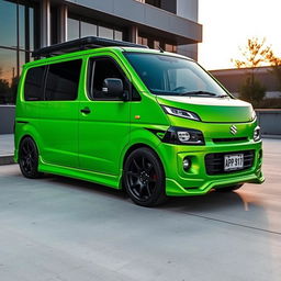 A modified Suzuki APV van, vividly painted in a bright cana green color, showcasing its sleek contours and stylish appearance
