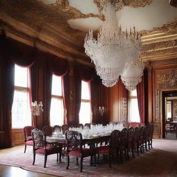 A grand dining hall with a long mahogany table adorned with crystal glassware and sterling silver cutlery, under a glistening chandelier, surrounded by ornately carved chairs