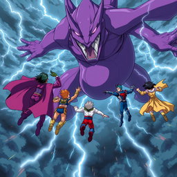 A vibrant anime scene showcasing a group of superheroes soaring through the air towards a gigantic purple monster amidst a fierce storm