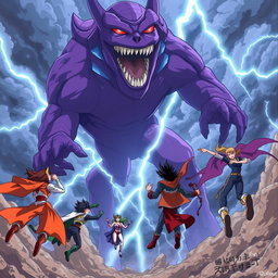 A vibrant anime scene showcasing a group of superheroes soaring through the air towards a gigantic purple monster amidst a fierce storm