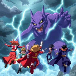 A vibrant anime scene showcasing a group of superheroes soaring through the air towards a gigantic purple monster amidst a fierce storm
