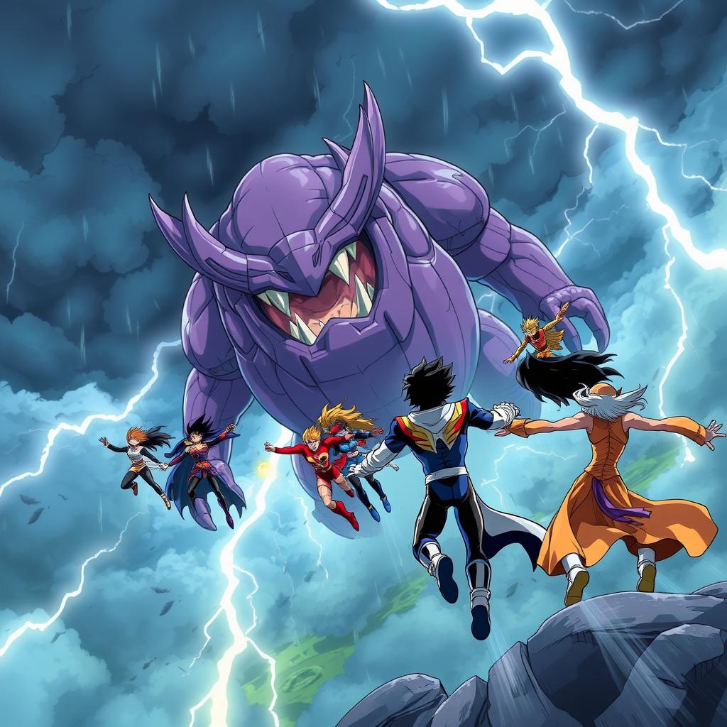A vibrant anime scene showcasing a group of superheroes soaring through the air towards a gigantic purple monster amidst a fierce storm