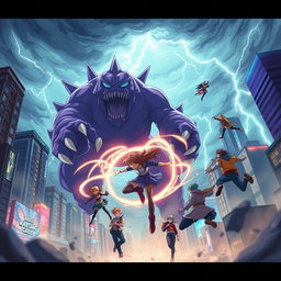 A thrilling anime scene depicting a group of heroes flying towards a colossal purple monster amidst a storm in a vibrant cityscape