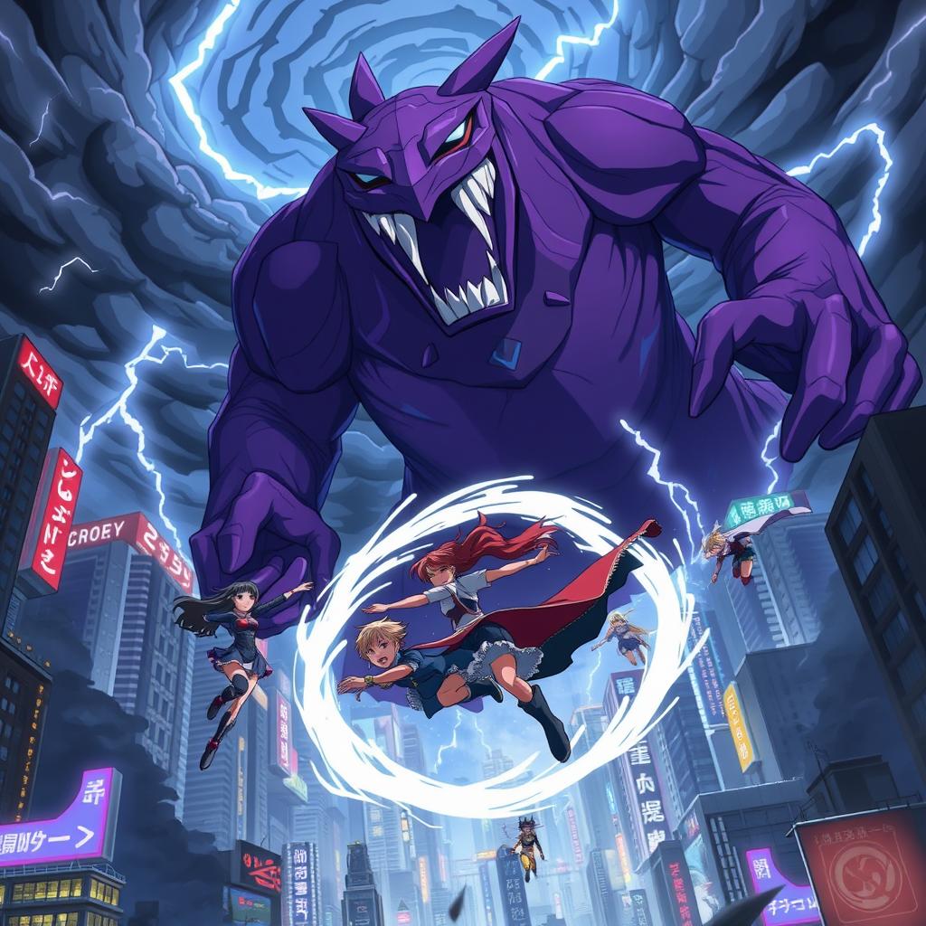 A thrilling anime scene depicting a group of heroes flying towards a colossal purple monster amidst a storm in a vibrant cityscape