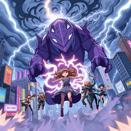 A thrilling anime scene depicting a group of heroes flying towards a colossal purple monster amidst a storm in a vibrant cityscape