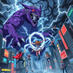 A thrilling anime scene depicting a group of heroes flying towards a colossal purple monster amidst a storm in a vibrant cityscape